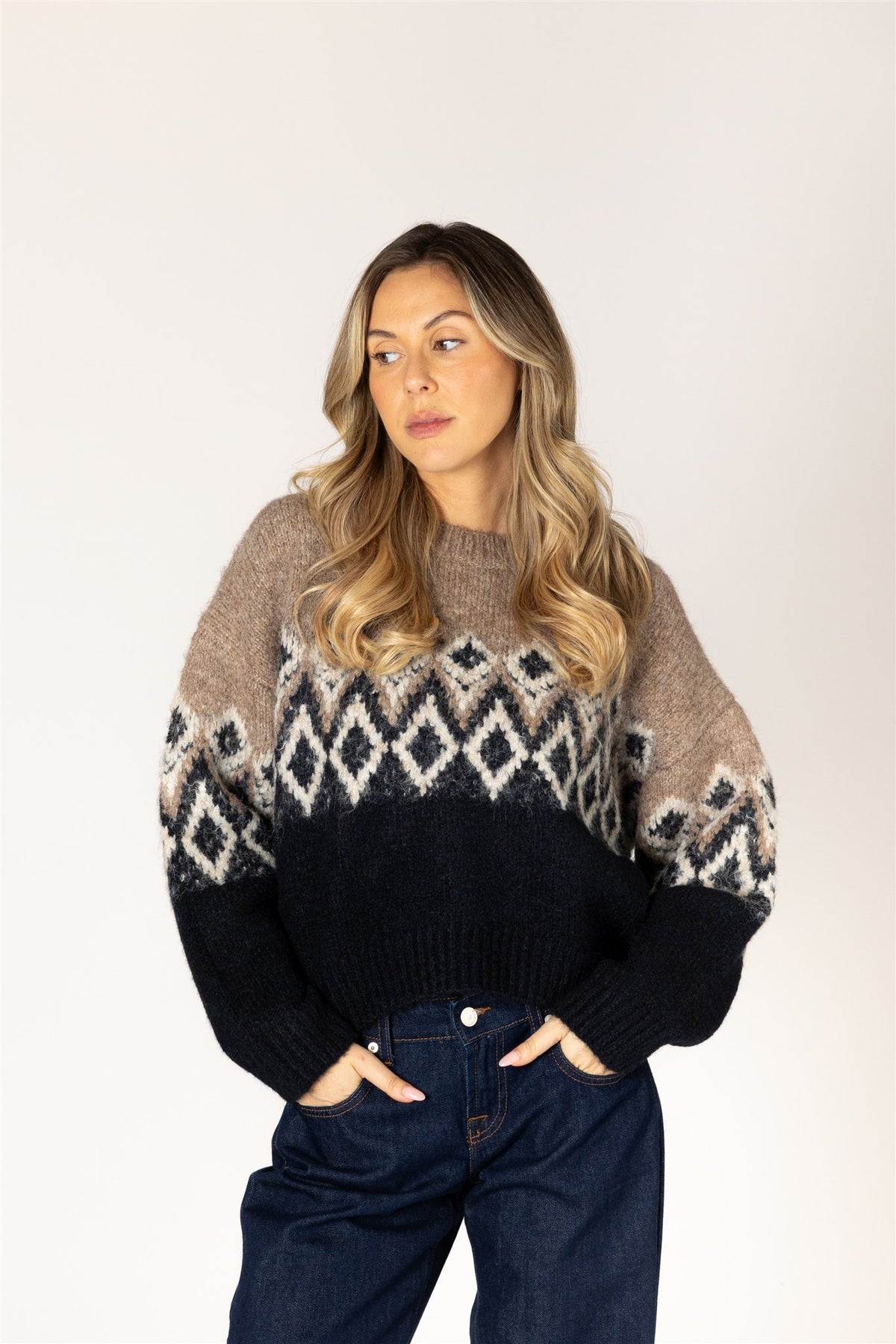 Aria Fair Isle Sweater - Camel & Black