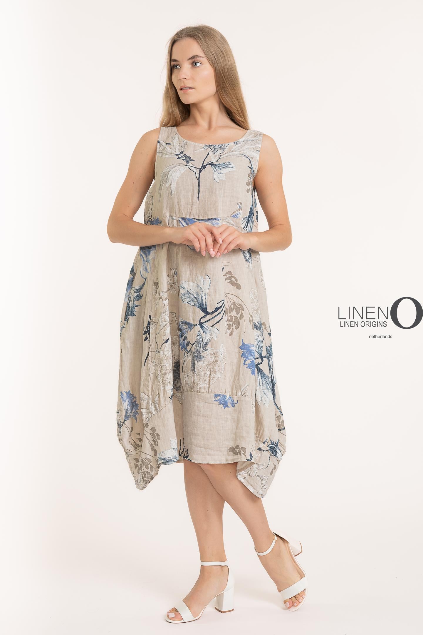 French Linen Dress-Floral Beige