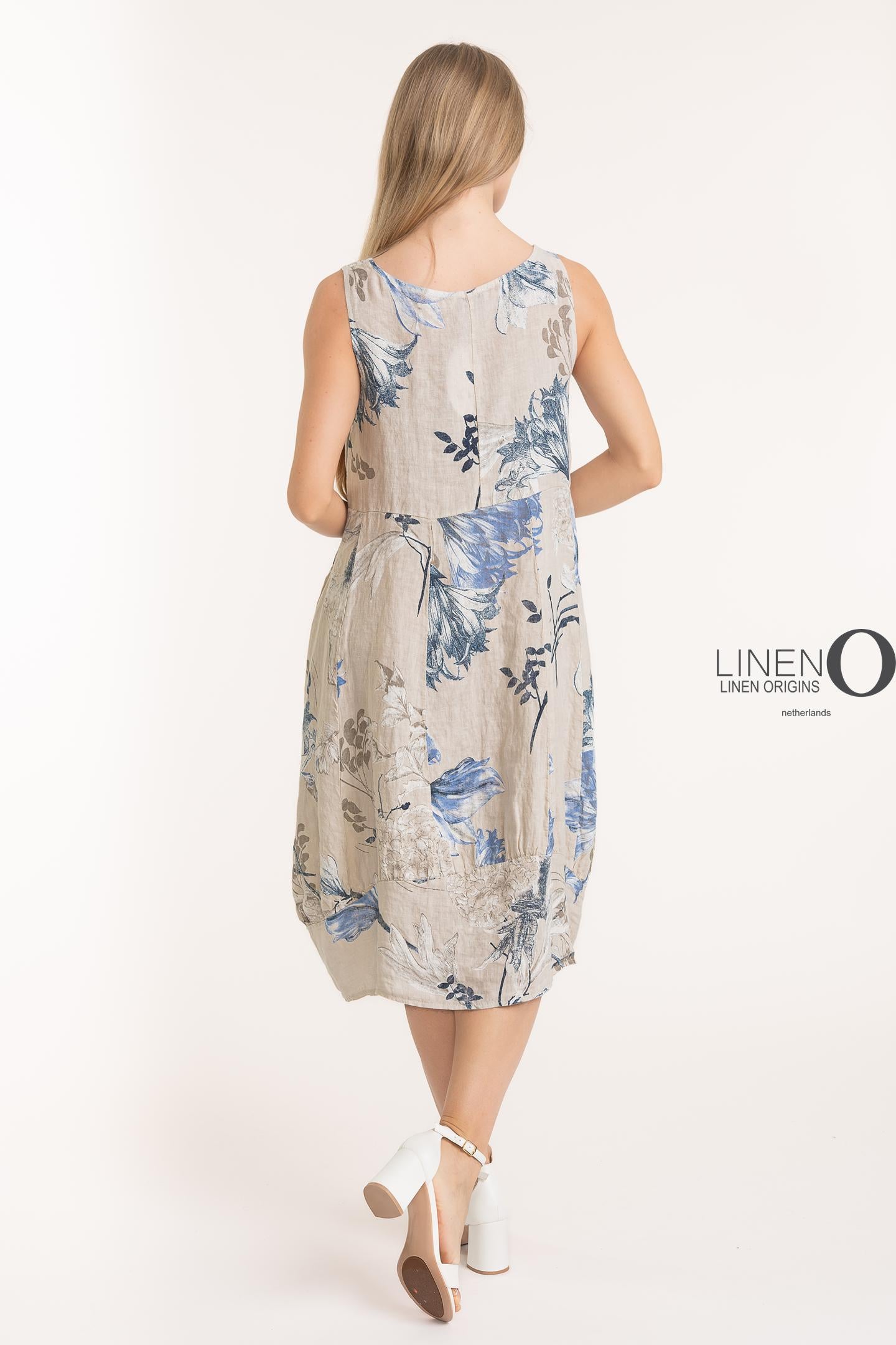 French Linen Dress-Floral Beige
