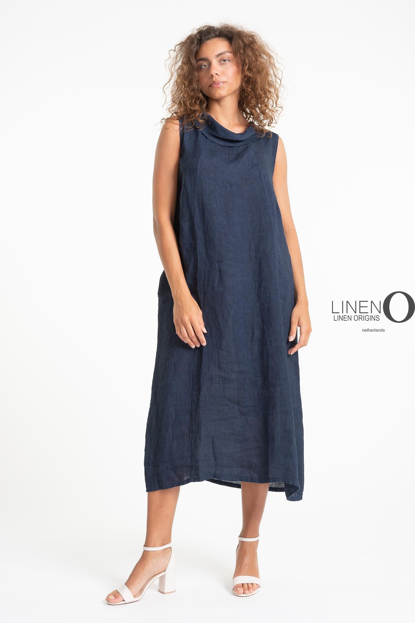 French Linen Sleeveless Dress-Navy