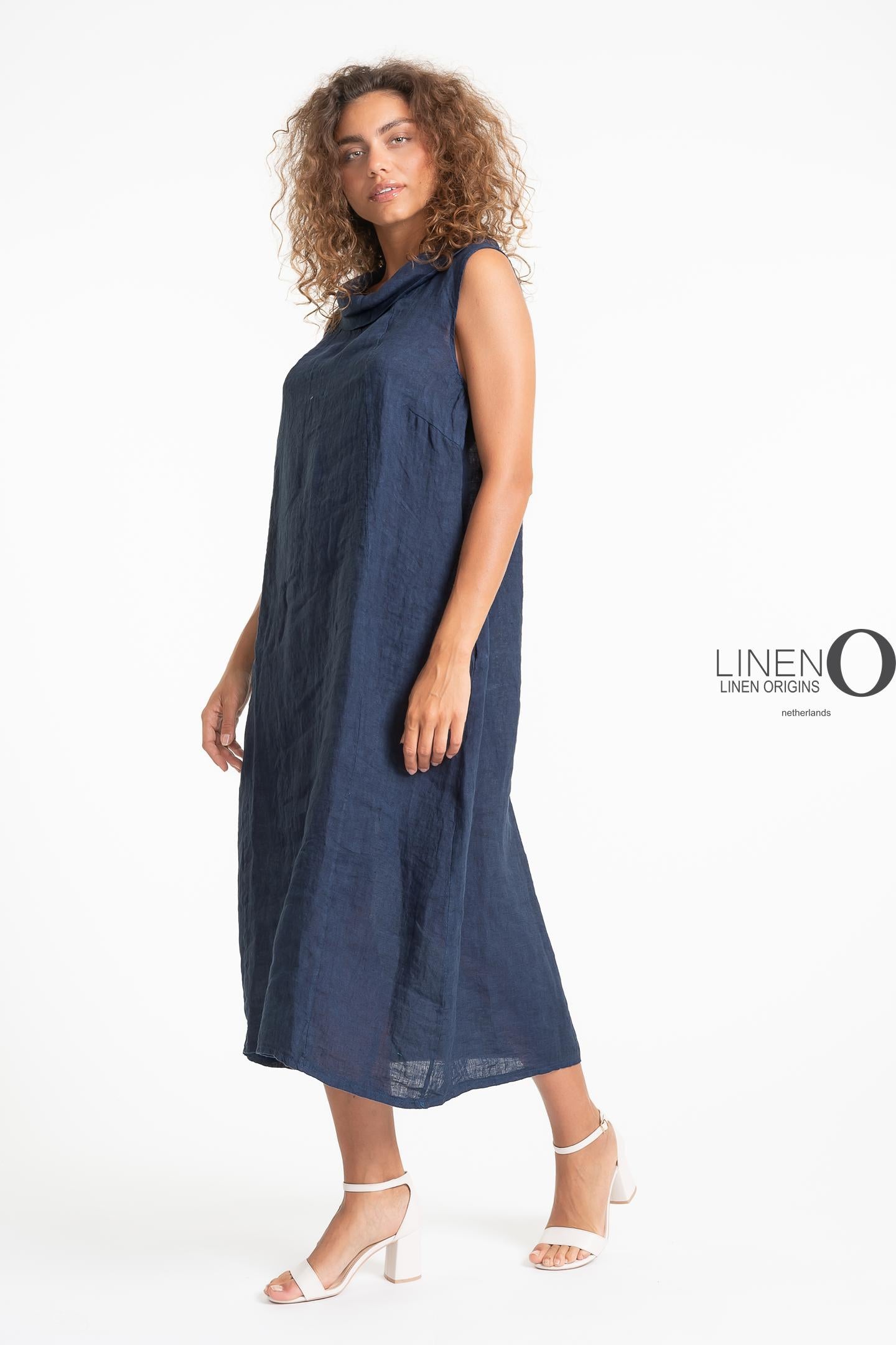 French Linen Sleeveless Dress-Navy