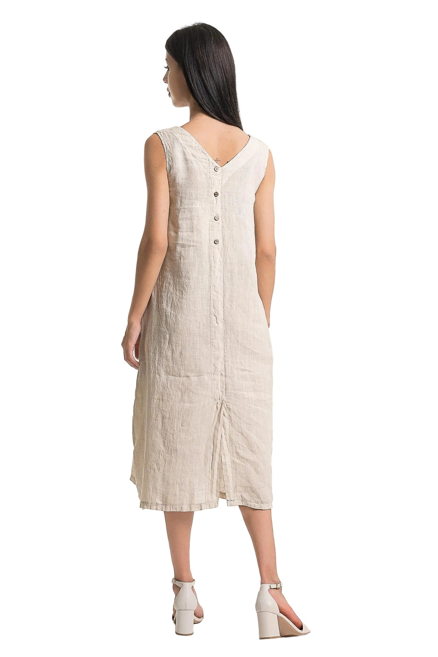 French Linen Dress with Button Back Detail - Sabbia