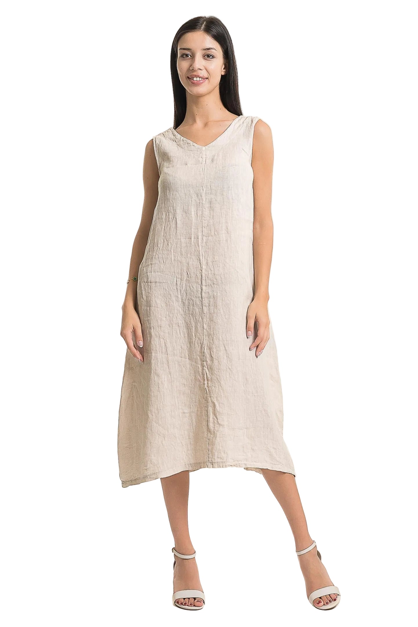 French Linen Dress with Button Back Detail - Sabbia