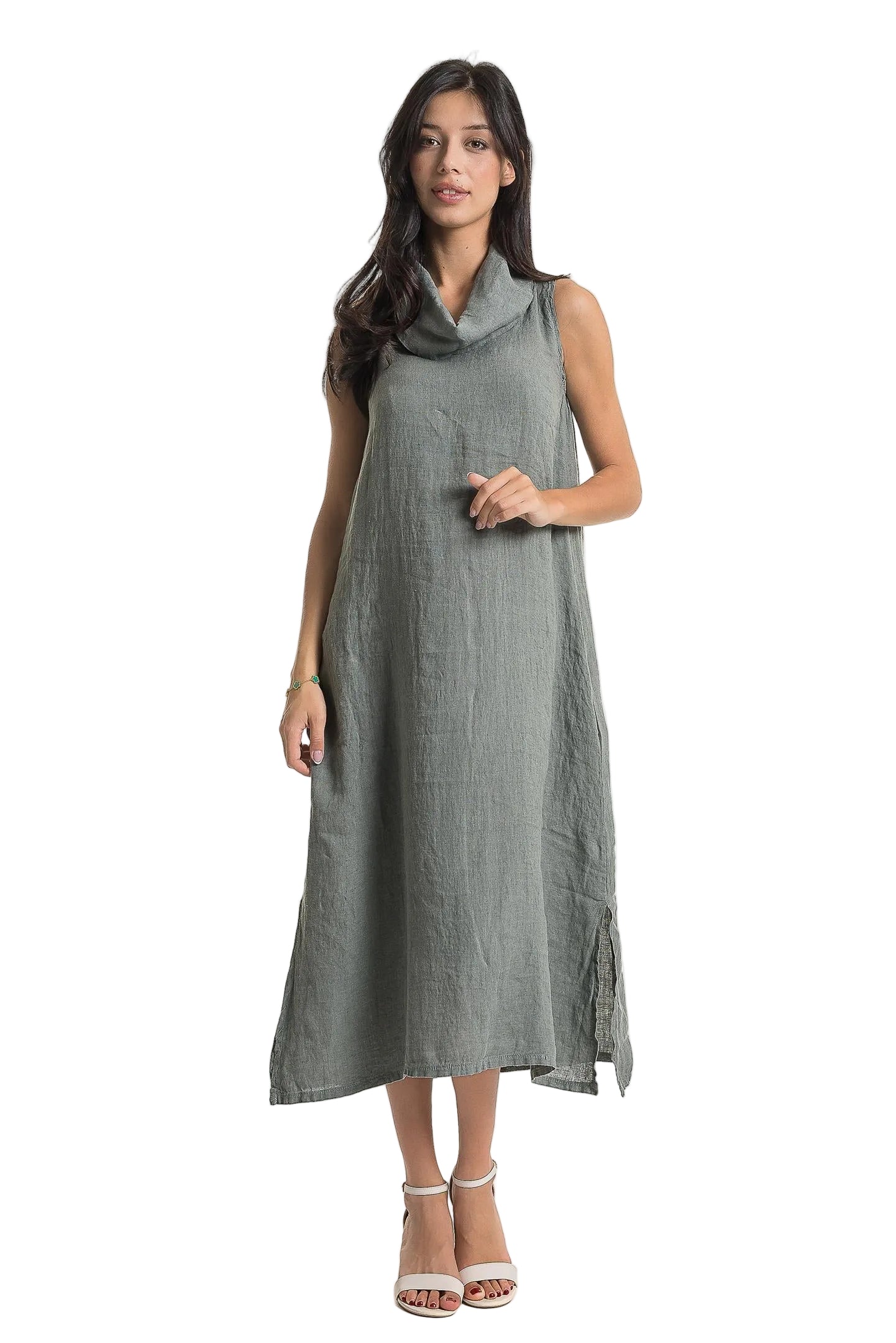 French Linen Dress with Cowl Neck
