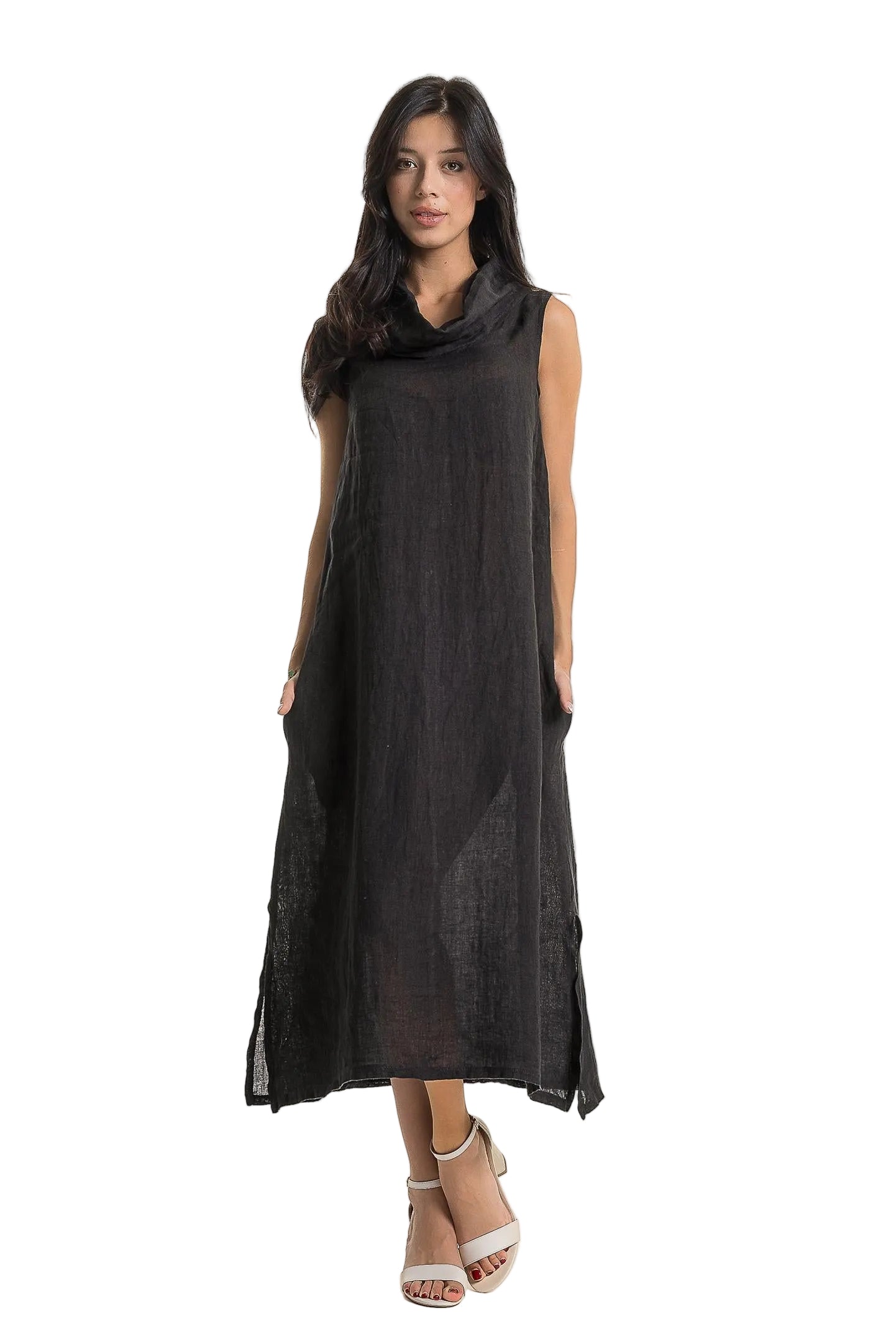 French Linen Dress with Cowl Neck