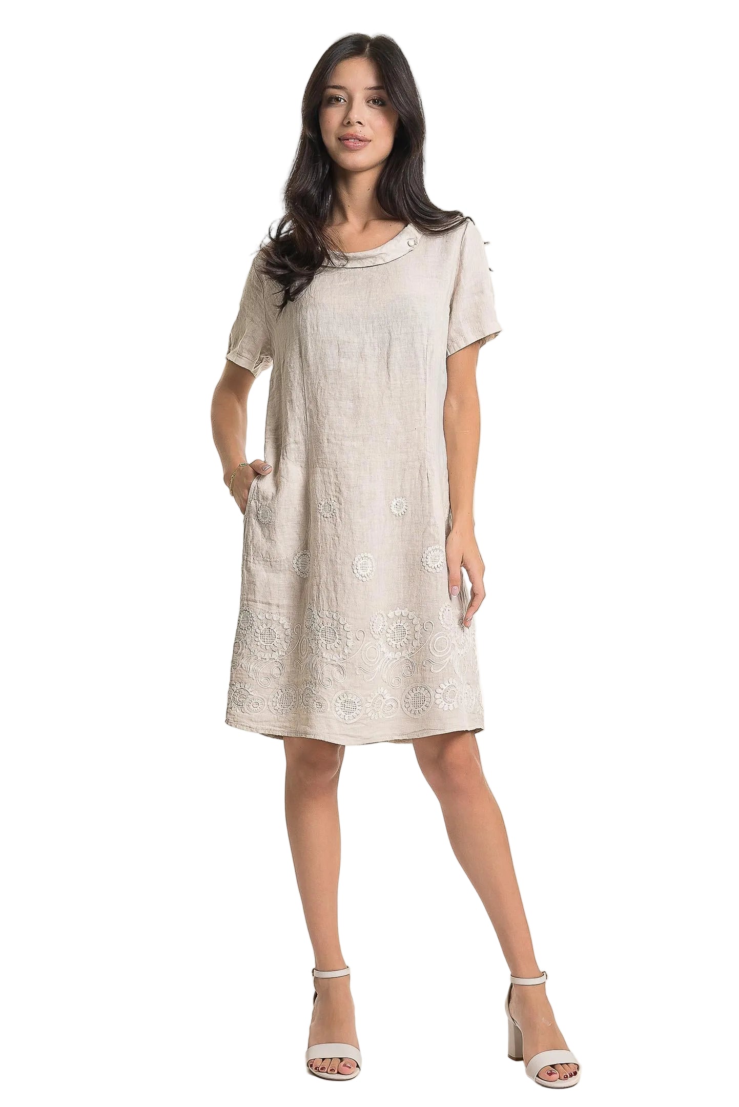 French Linen Dress with Embroidery Detailing