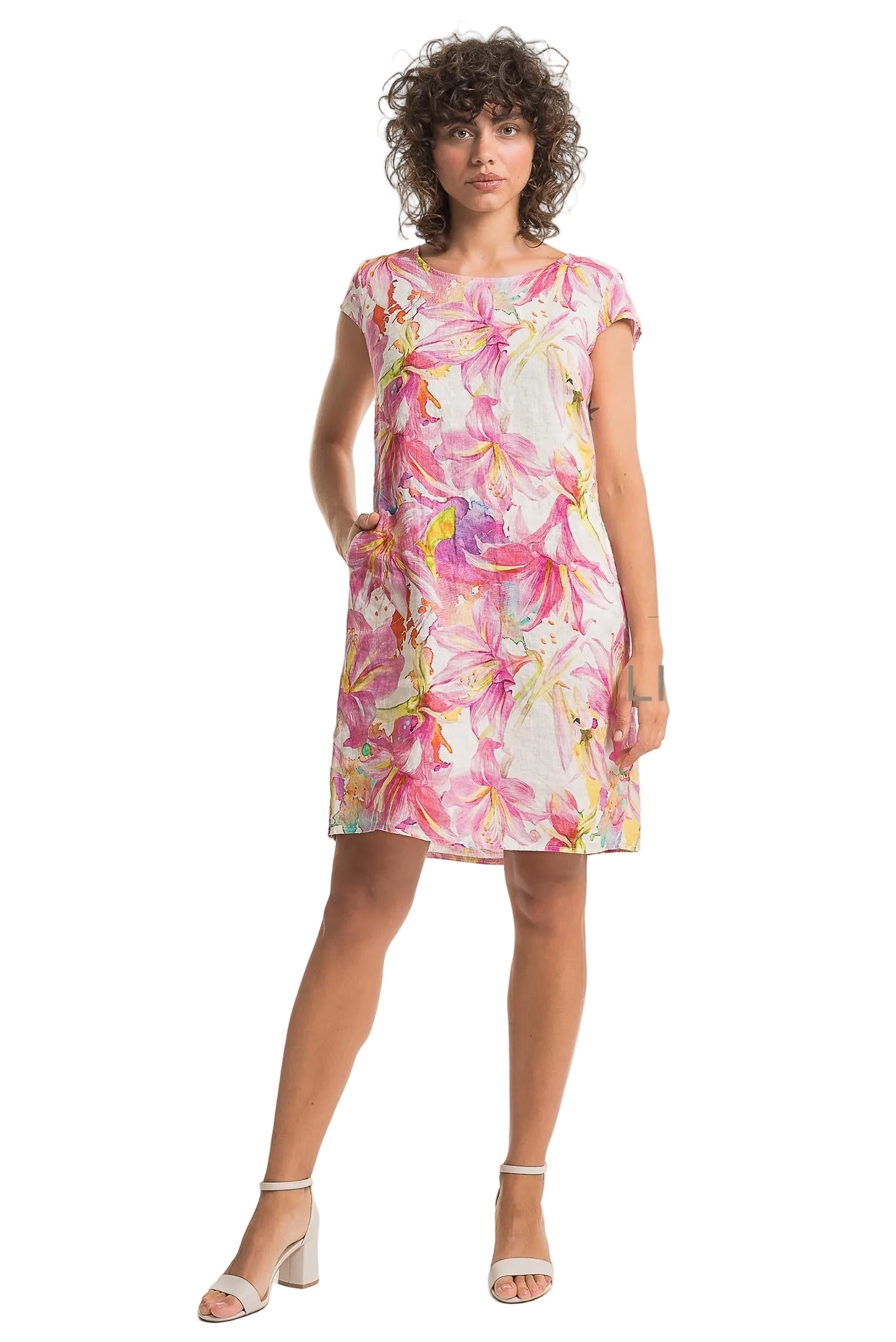 French Linen Dress - Floral Fuxia