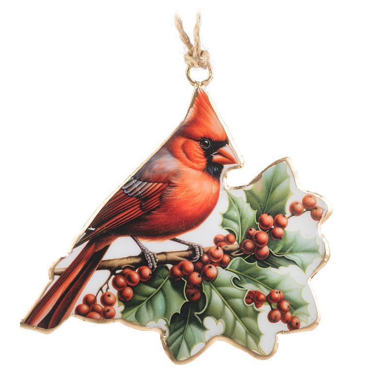 Cardinal & Holly Ornament - 4"H