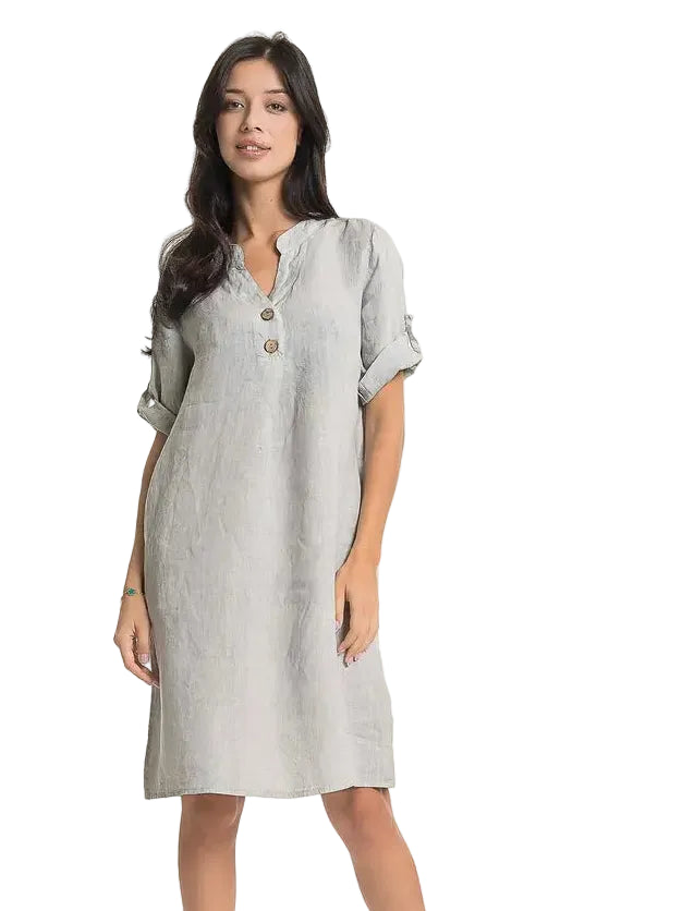 French Linen Dress with Button Detailing