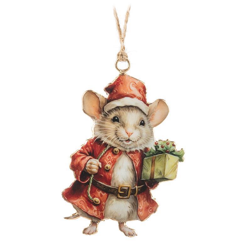 Christmas Mouse w/Present Ornament - 4"H