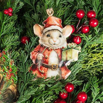 Christmas Mouse w/Present Ornament - 4"H