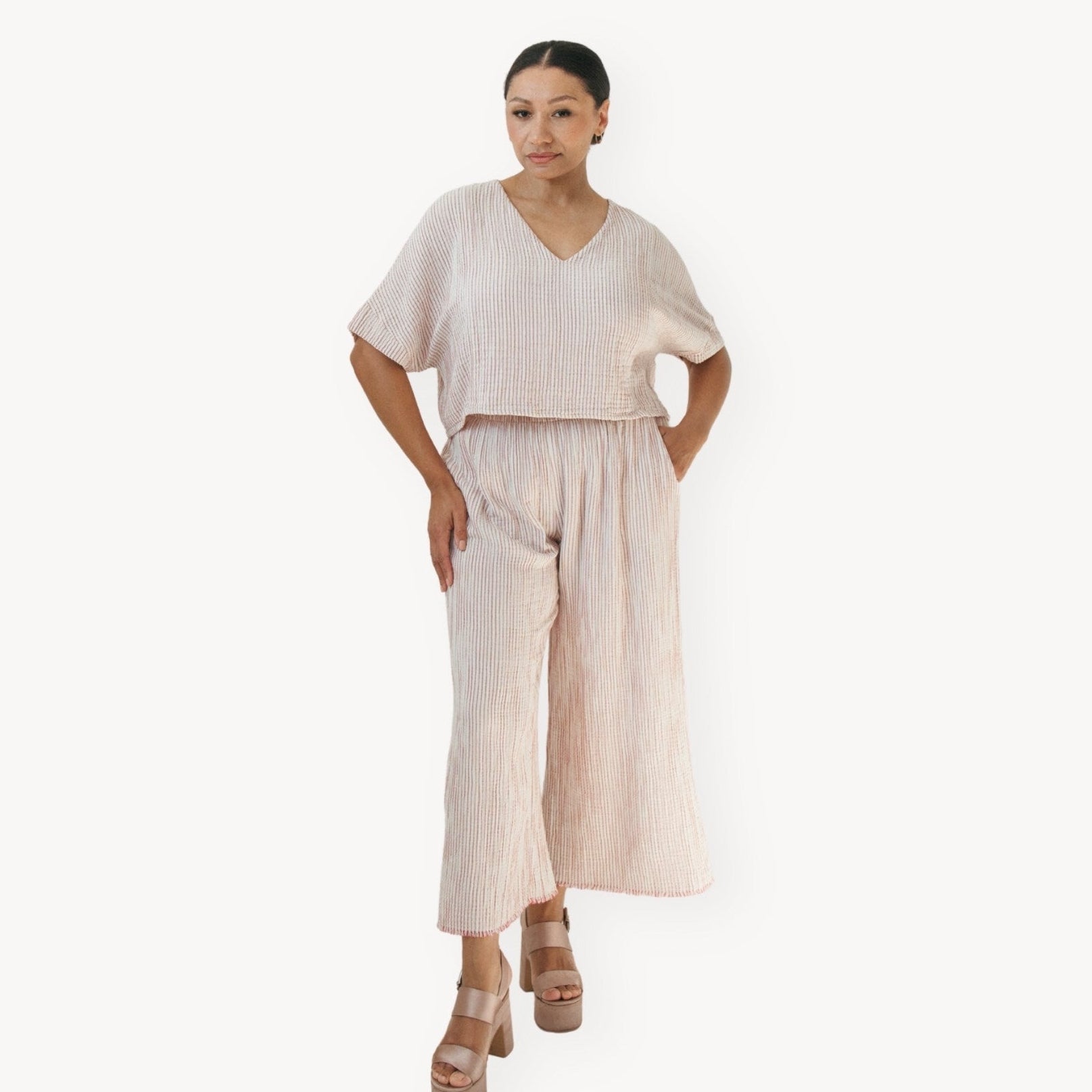 Striped Crinkle Palazzo Pants - Red