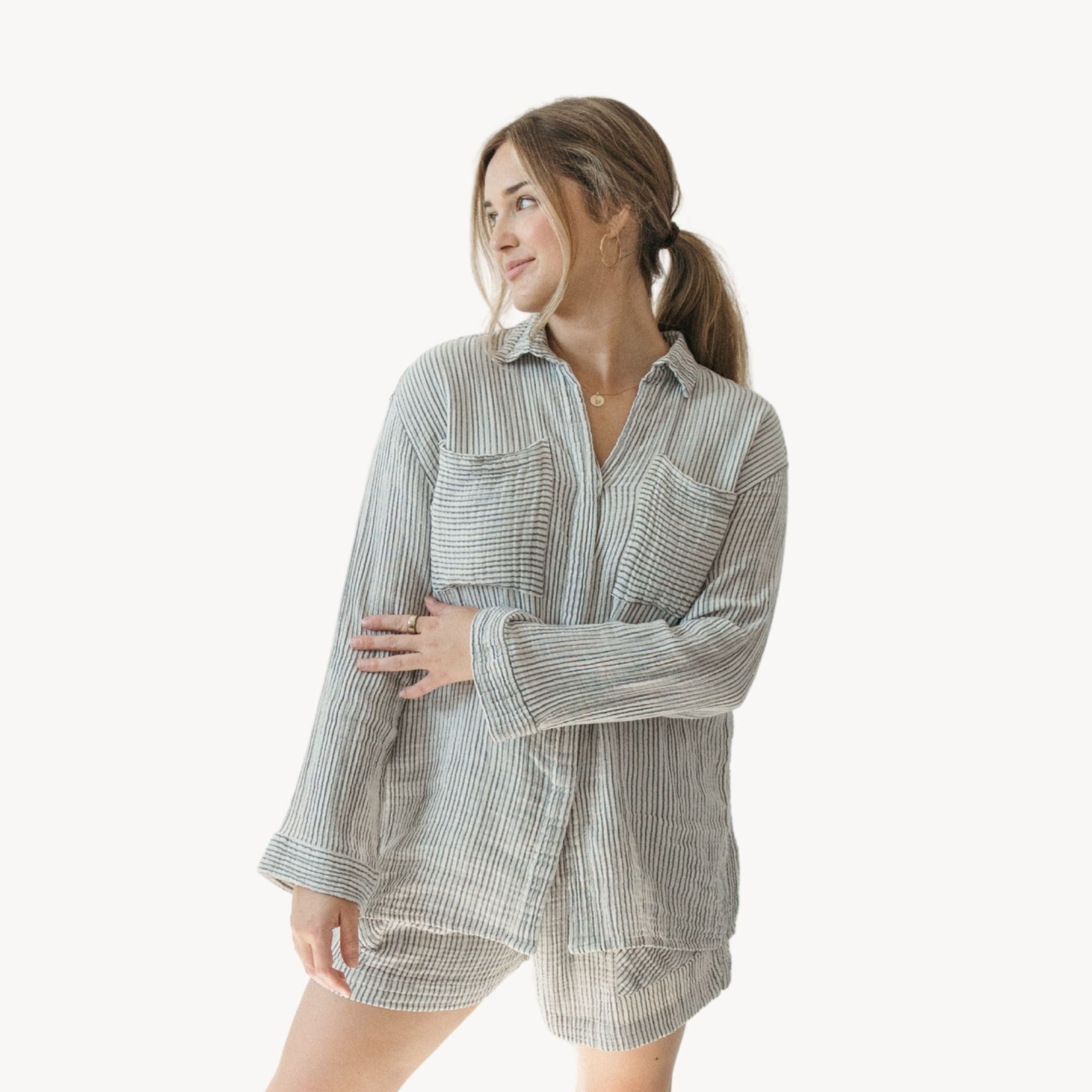 Striped Crinkle Pocket Shirt with Buttons