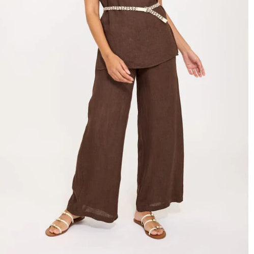 Wide Leg Linen Pant w/ Pockets - Coffee