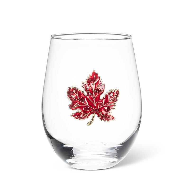 Stemless Wine Glass w/Jewel Maple Leaf - 16oz