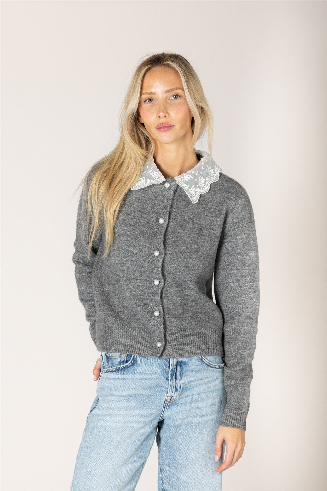Aisha Cardigan with Lace Collar - Slate