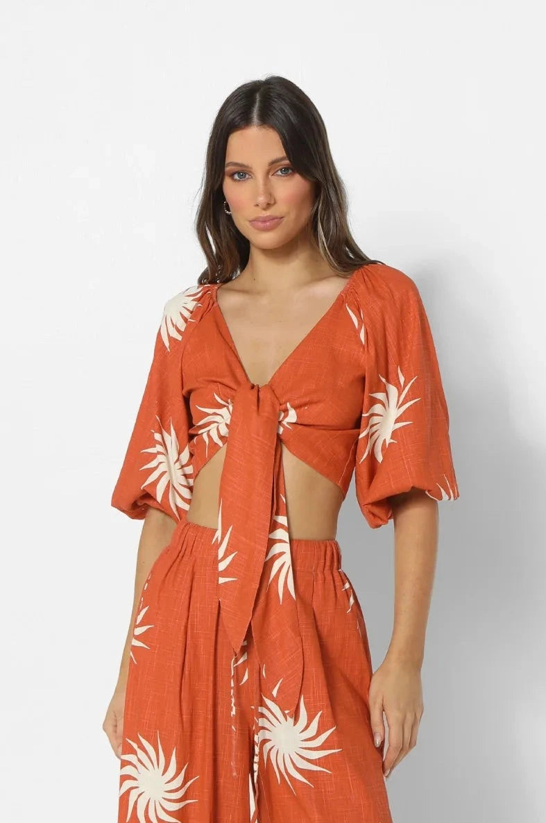 Amira Top - Rust Sun Print