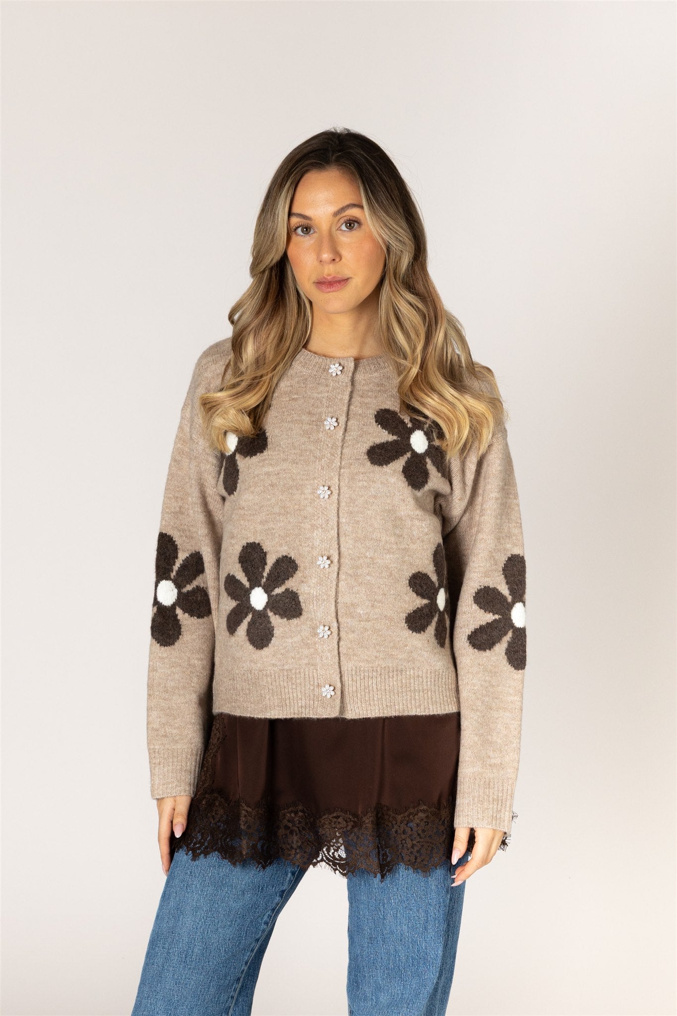 Jorgie Flower Cardigan - Putty/Coconut