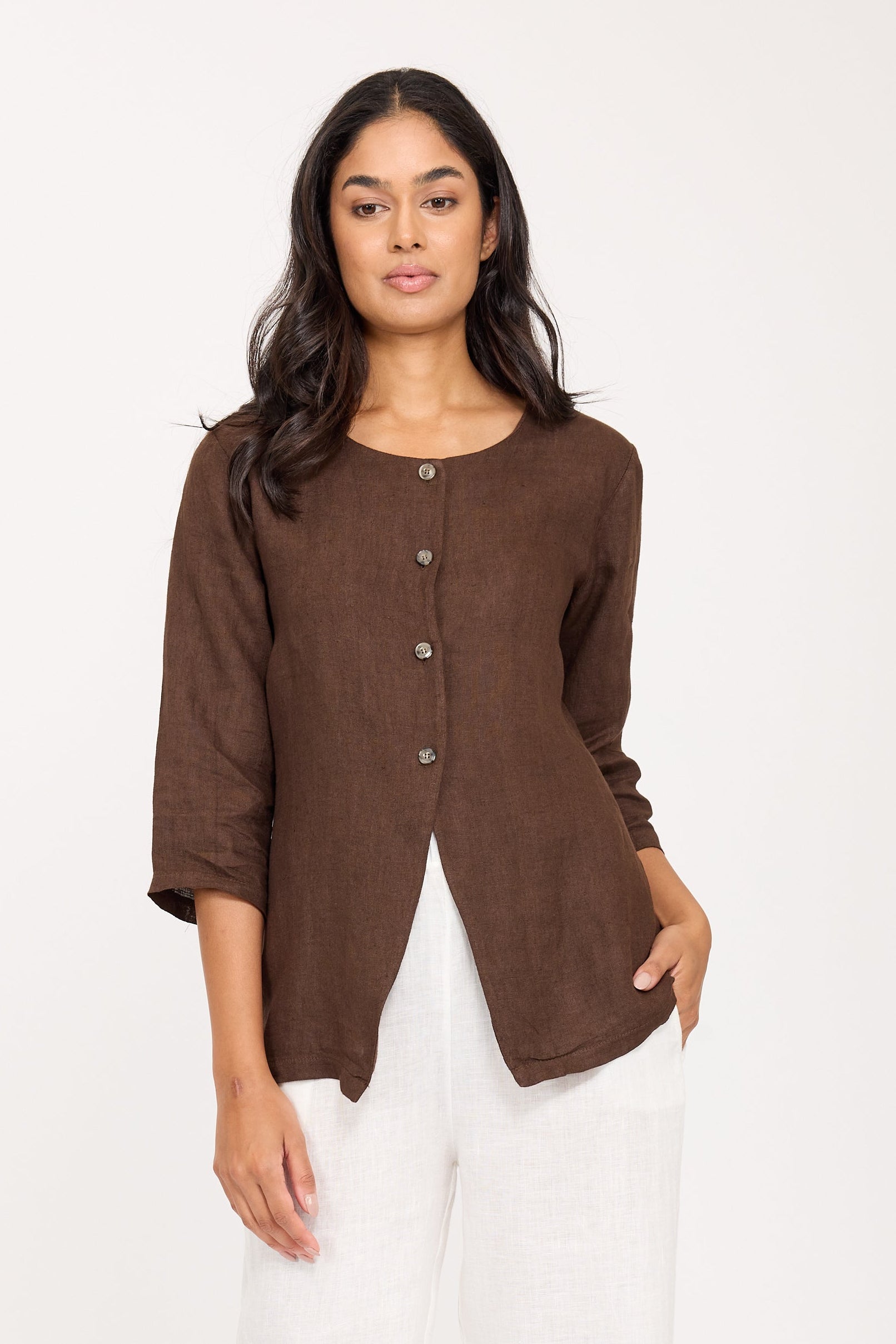 Open Bottom Linen Jacket - Coffee