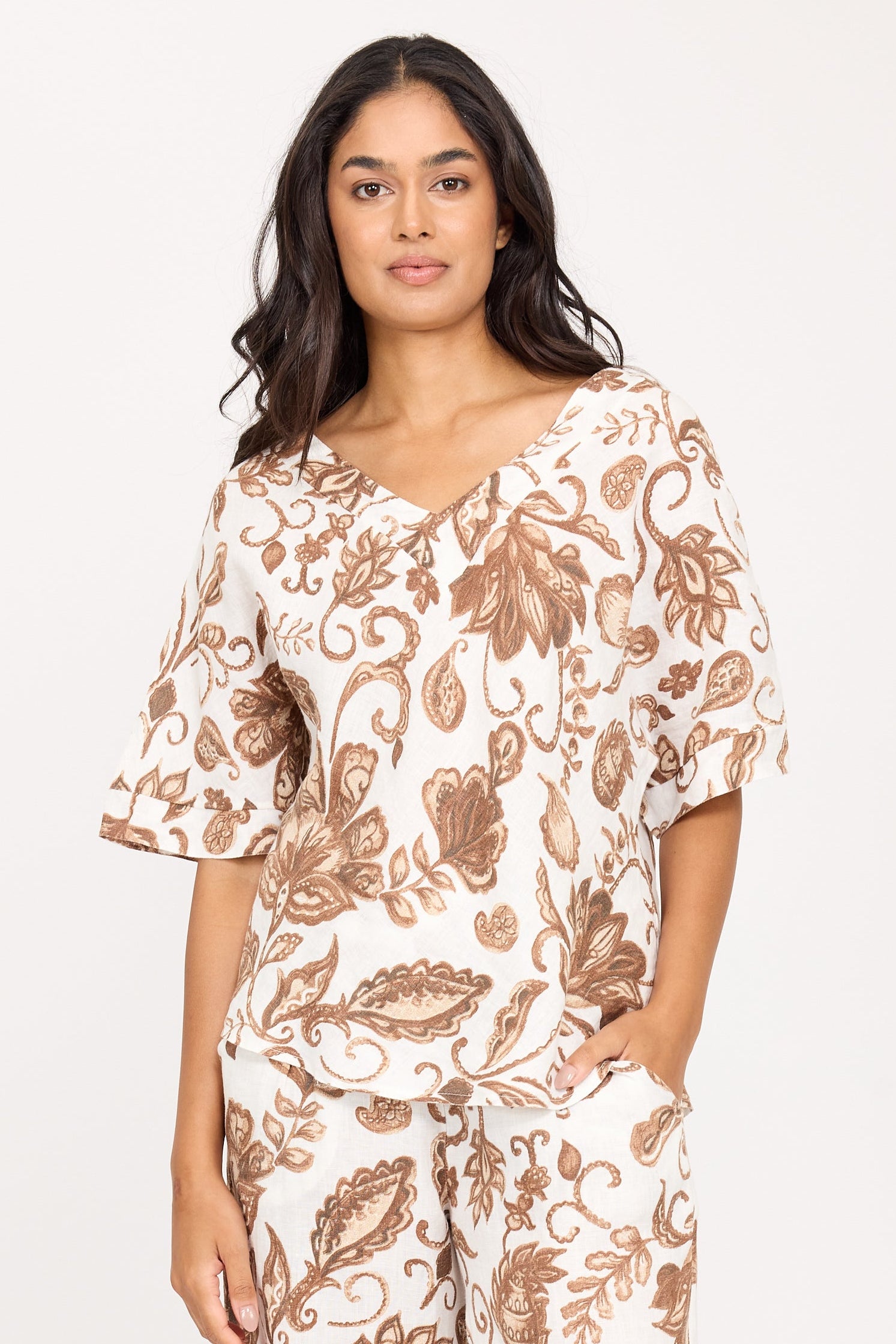 Biased Cut Linen Top - Mocha Floral Paisley Print