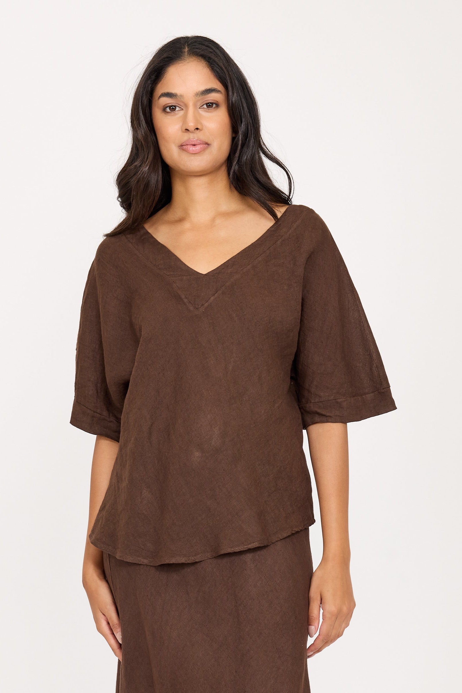 Biased Cut Linen Top - Coffee