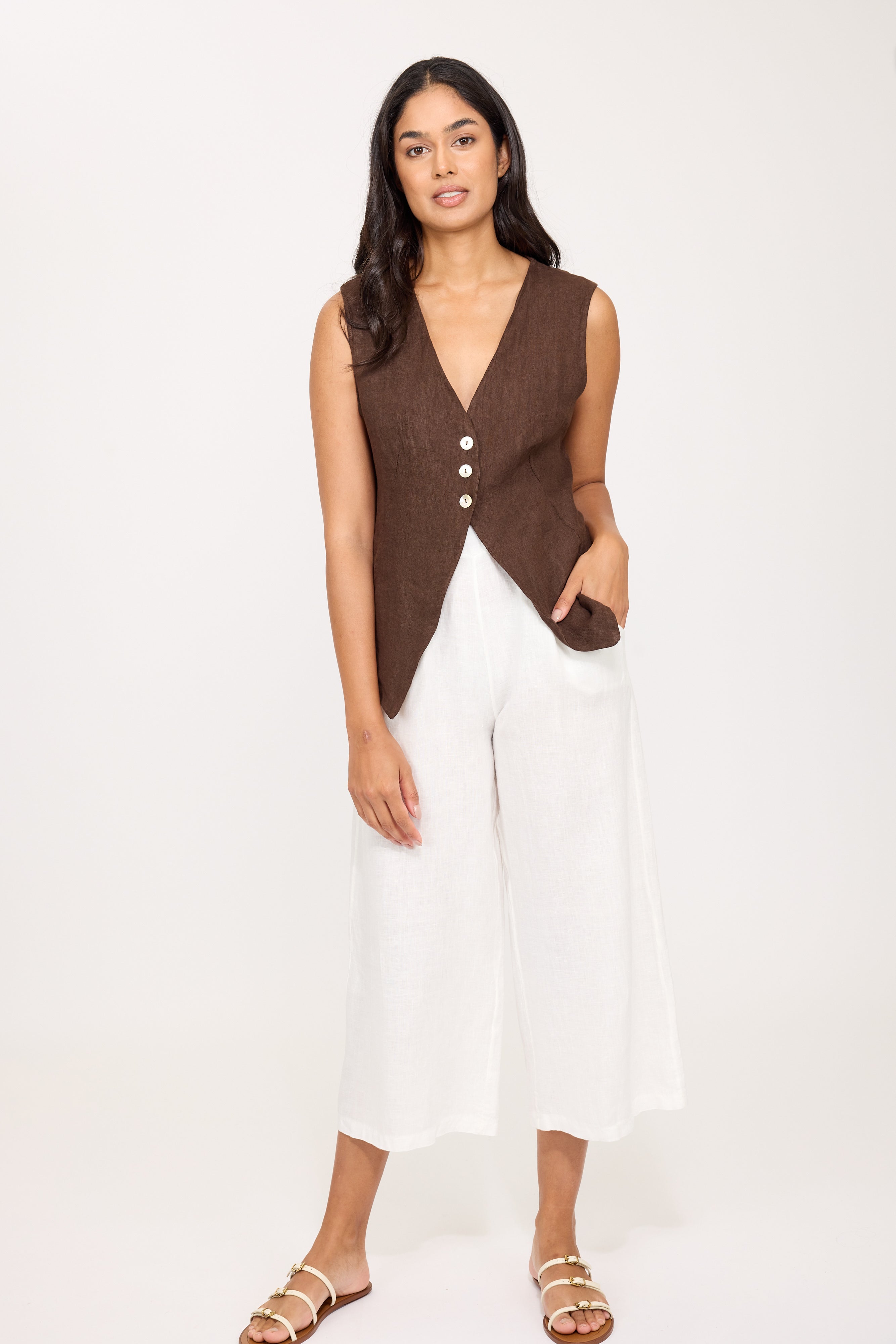 Linen Vest - Coffee