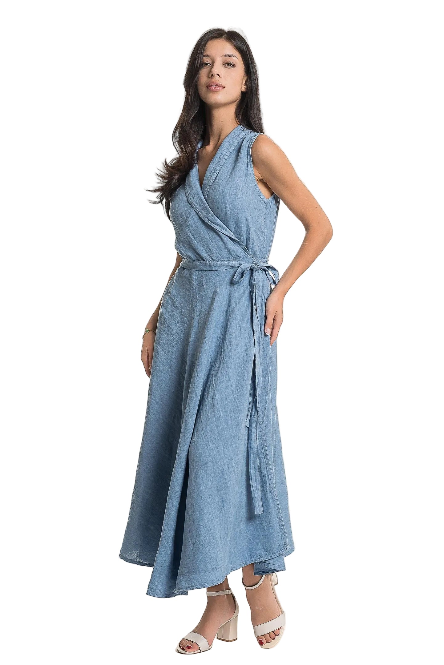 French Linen Long Wrap Dress with Side Tie - Jean
