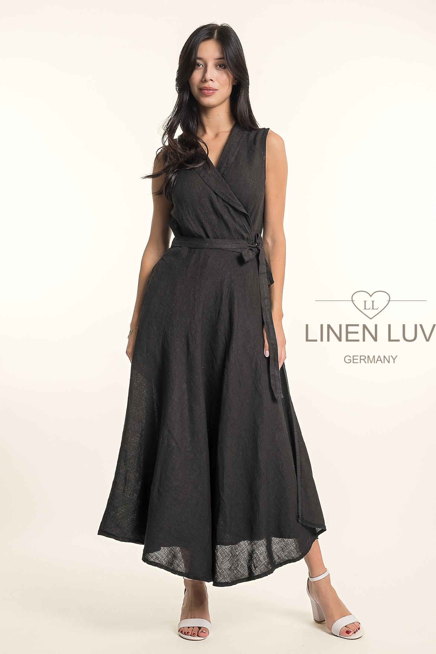French Linen Long Wrap Dress with Side Tie - Nero