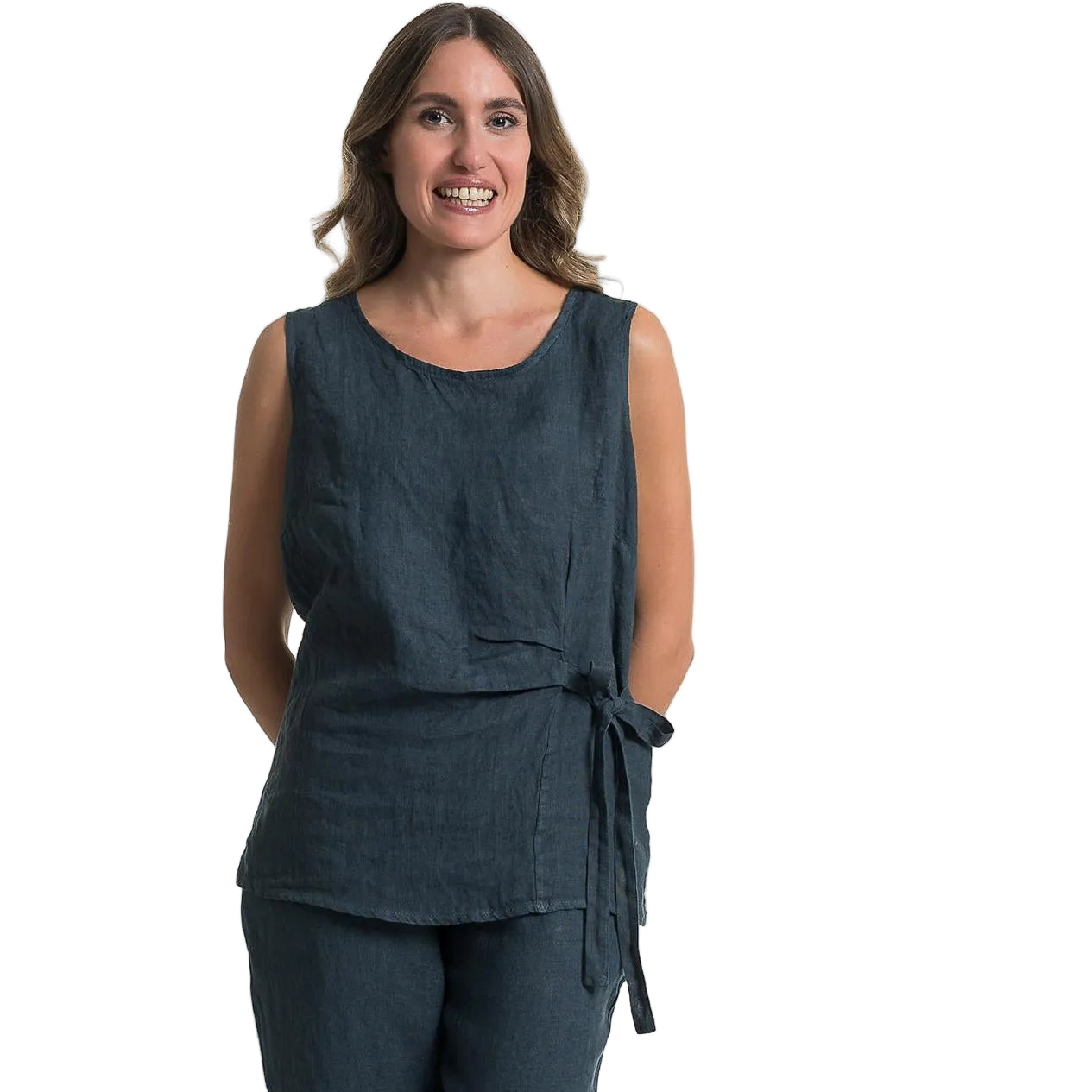 French Linen Tank Top with Side Tie - Dark Slate