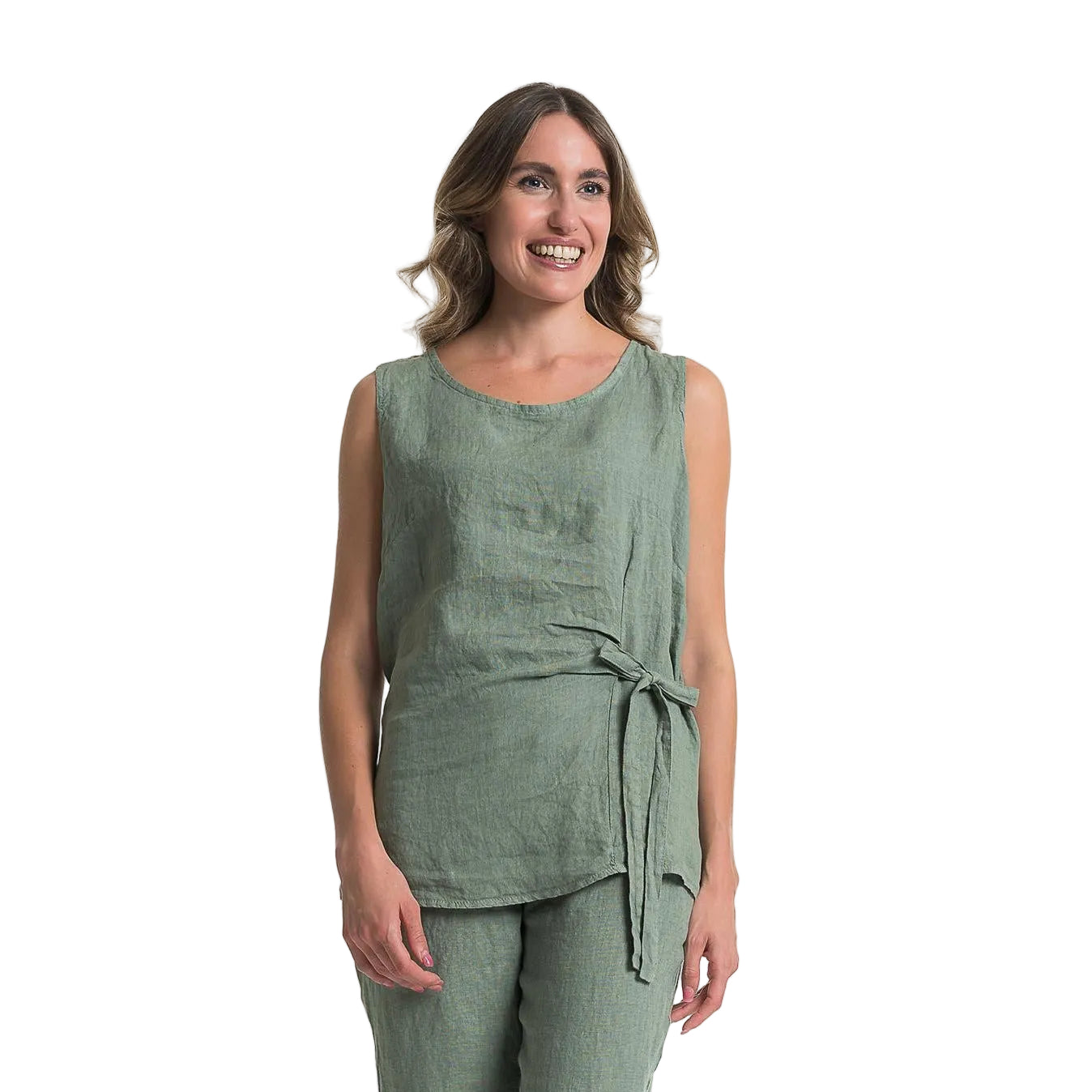 French Linen Tank Top with Side Tie - Sauge