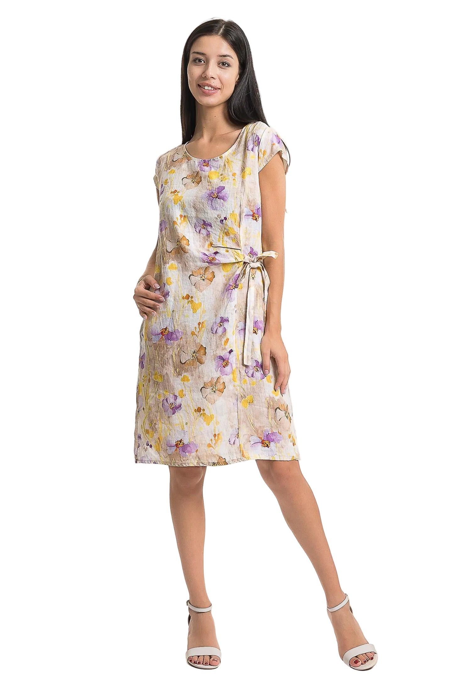 French Linen Floral Dress with Side Tie - Cammello