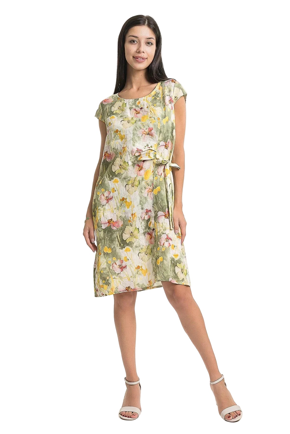 French Linen Floral Dress with Side Tie - Sauge