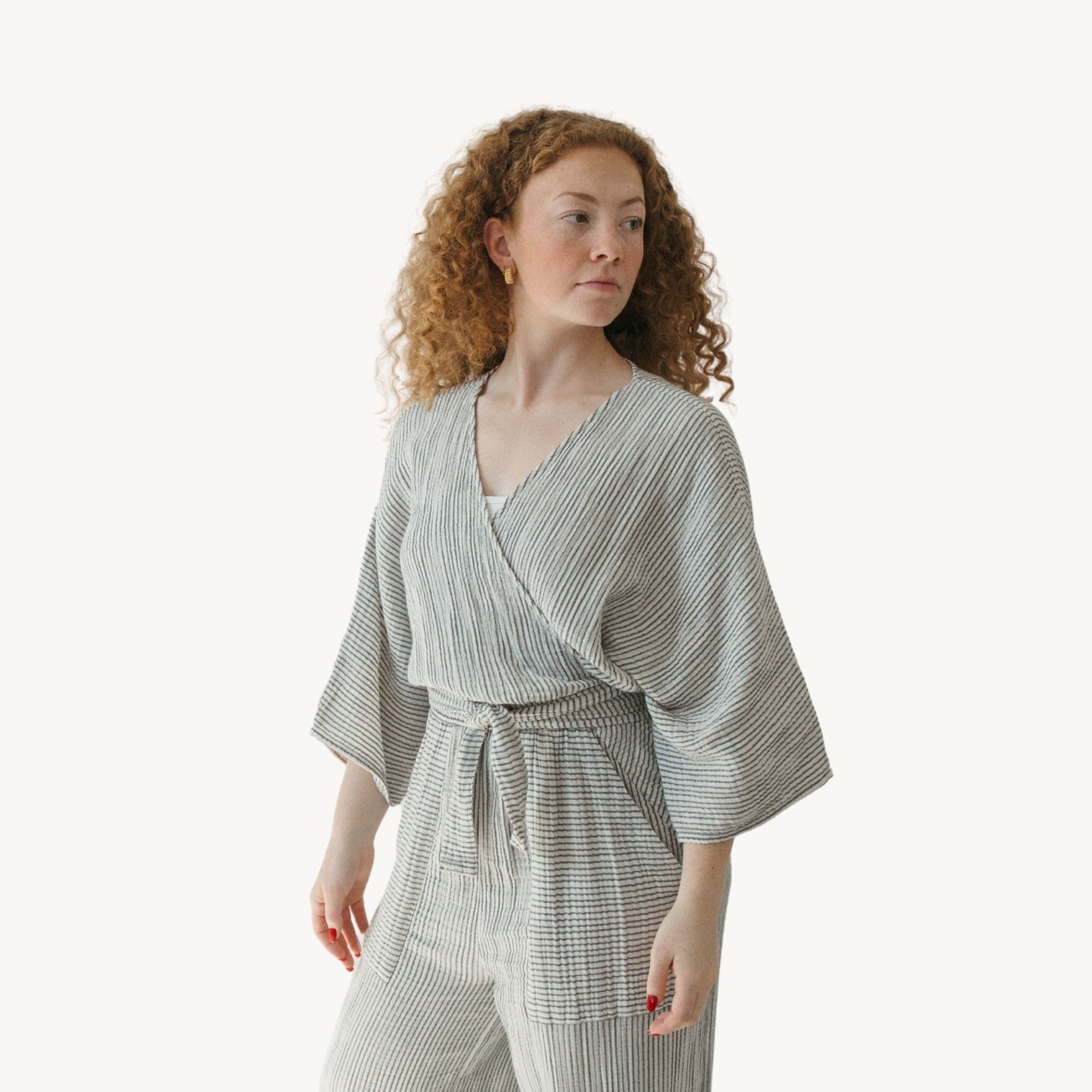 Striped Crinkle Balloon Sleeve Top - Charcoal