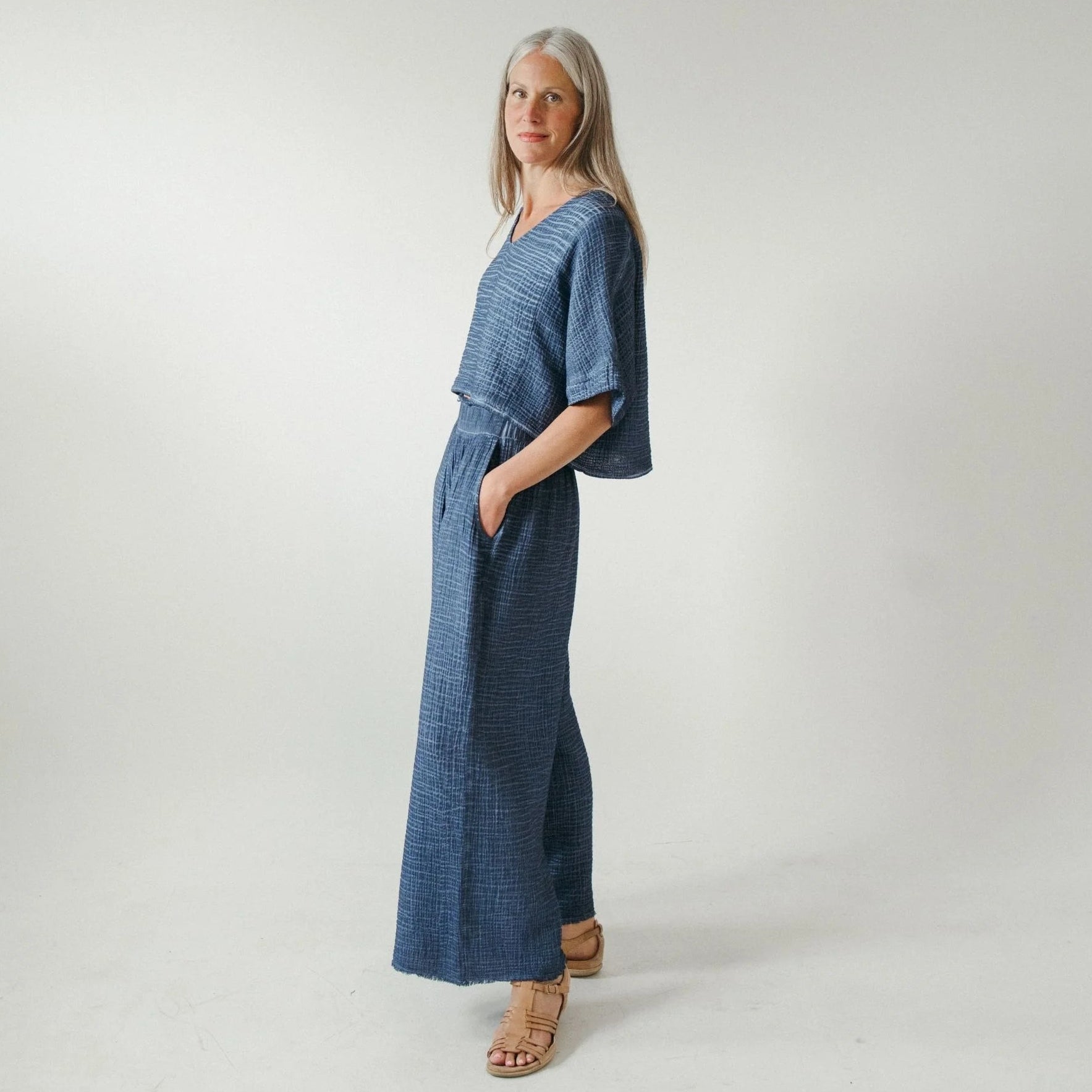 Crinkle Palazzo Pants - Denim