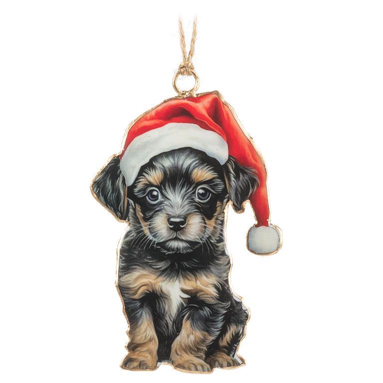 Puppy w/Santa Hat Ornament - 4"H