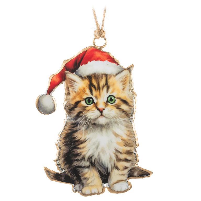 Kitten w/Santa Hat Ornament - 4"H