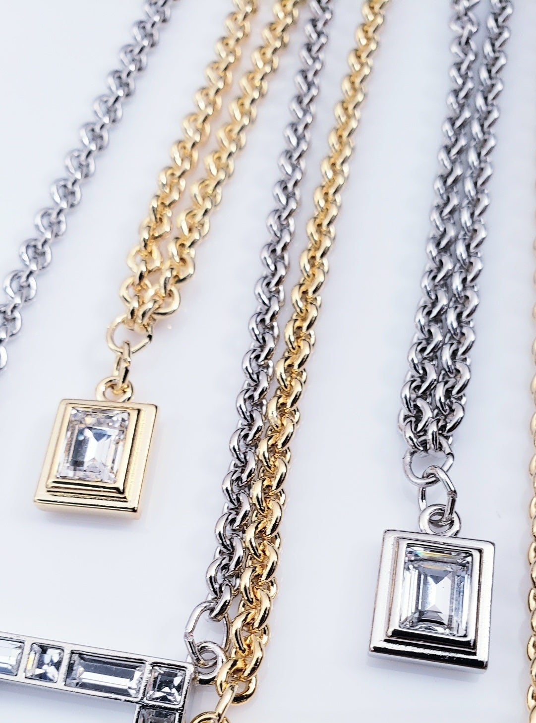 Rectangle Double Bezel Crystal Drop Necklace