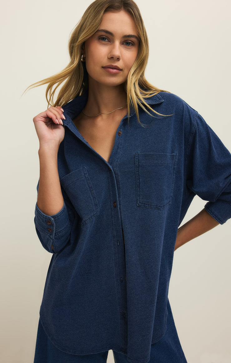 Reese Jersey Denim Button Up - Indigo