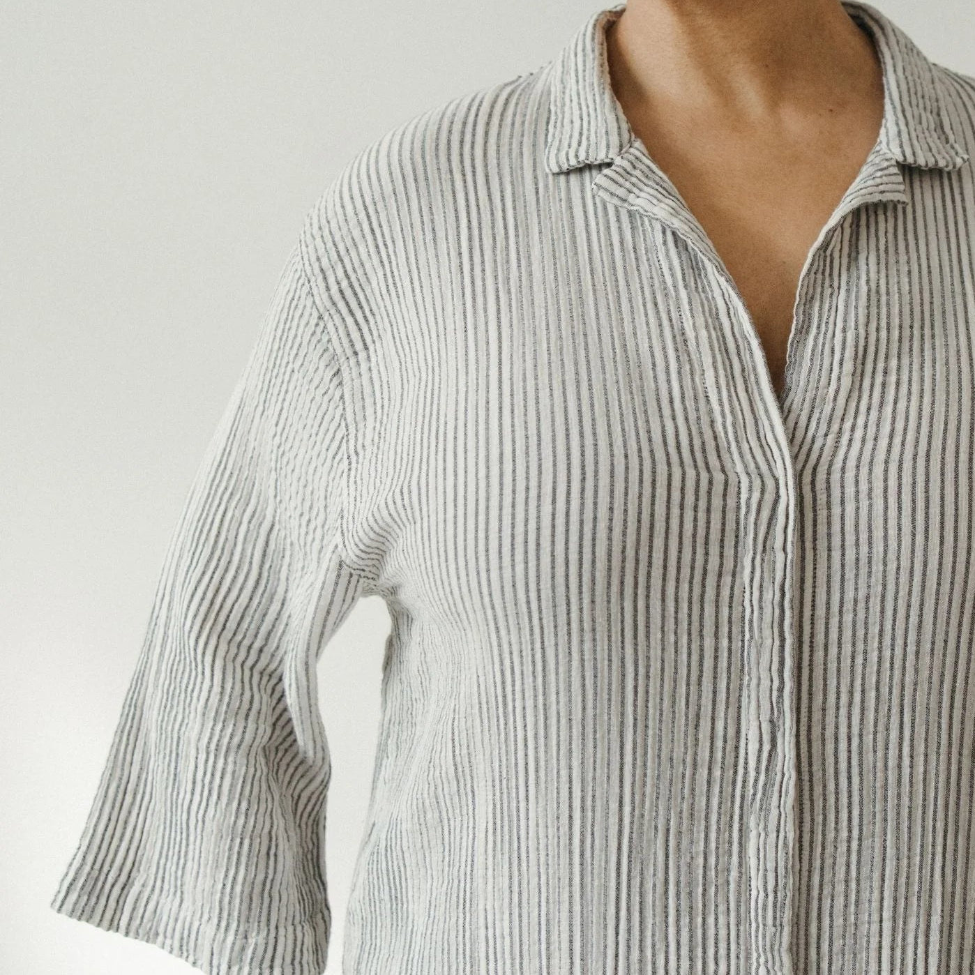 Striped Crinkle Shirt Dress - Charcoal