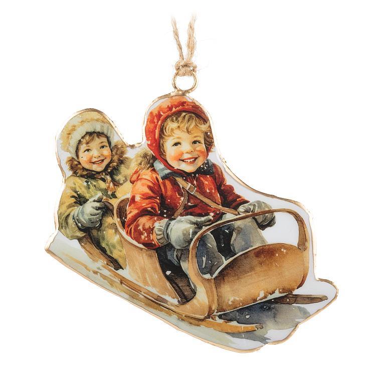 Kids on Tobaggan Ornament - 4.5"H