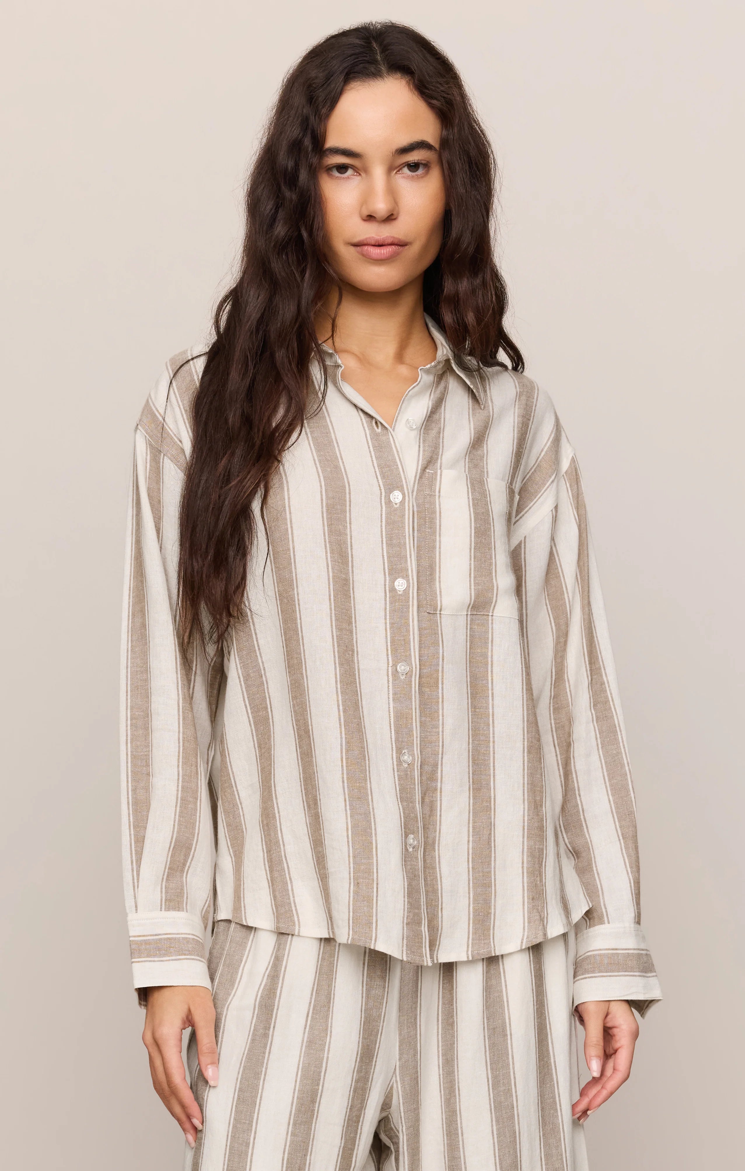 Perfect Striped Linen Button Up - Light Toffee