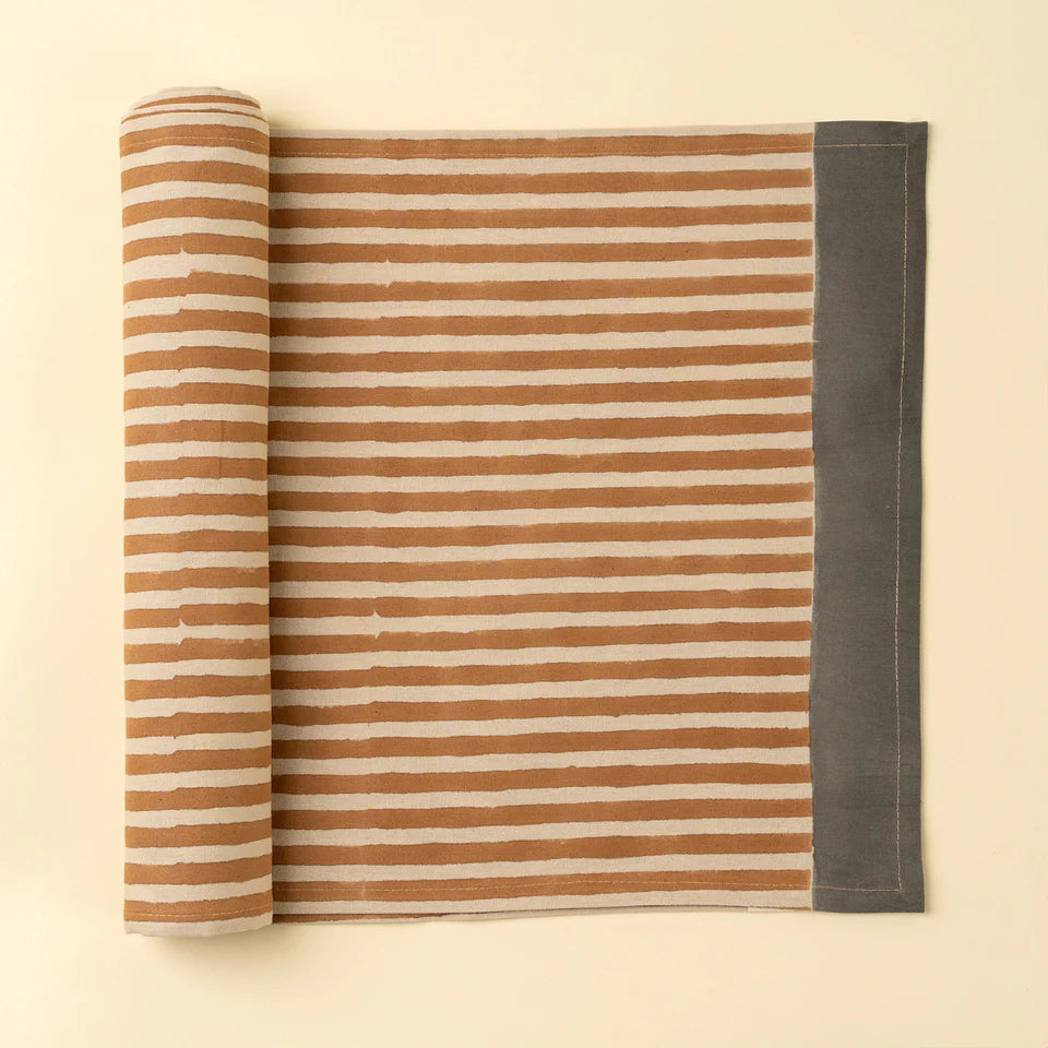 Terracotta Stripe Block Print Table Runner - 108"L