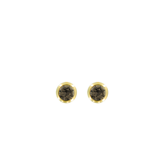 Bright Gold Round Post Earrings - Smokey Quartz