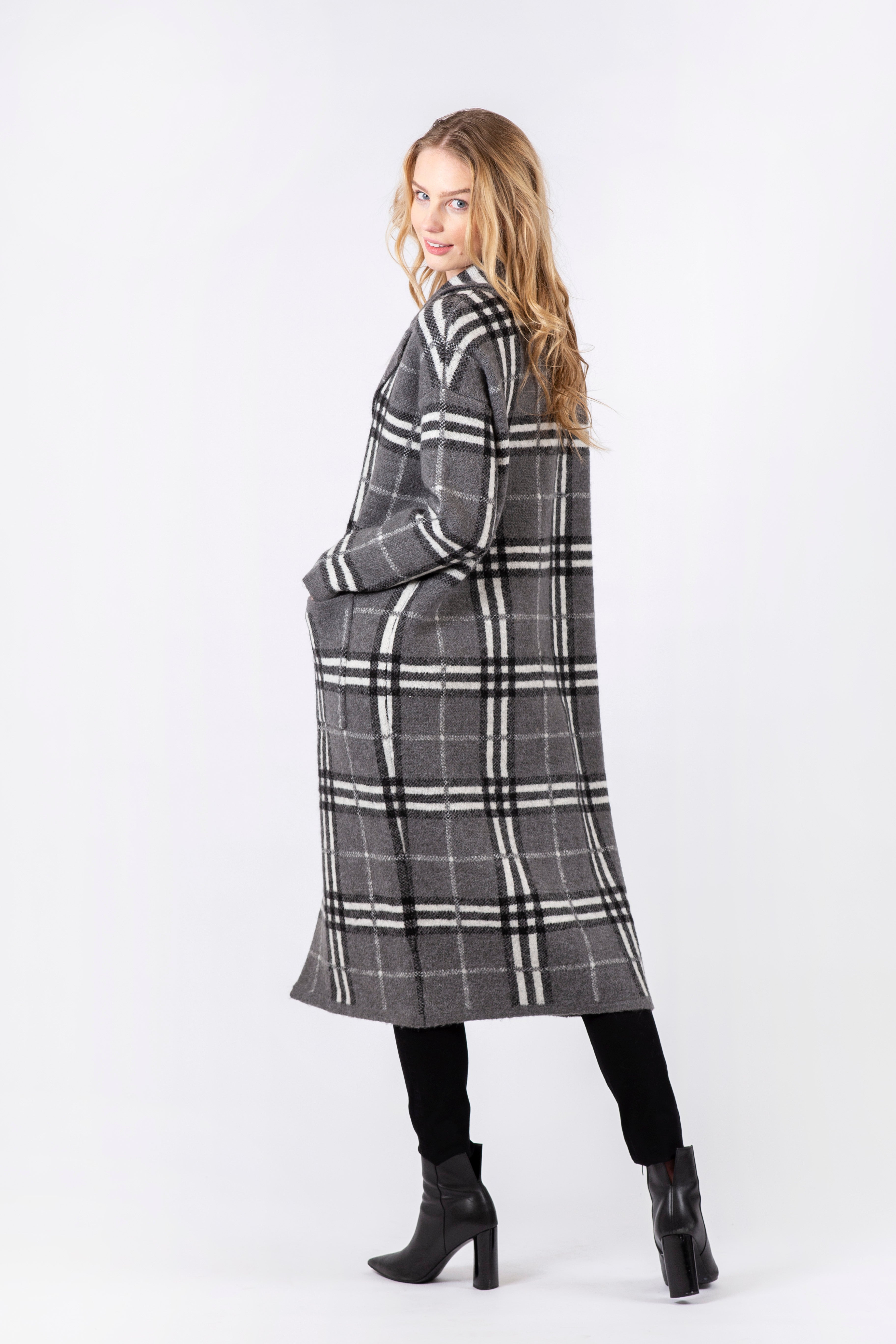 Jimmi Long Grey Plaid Coat with Pockets