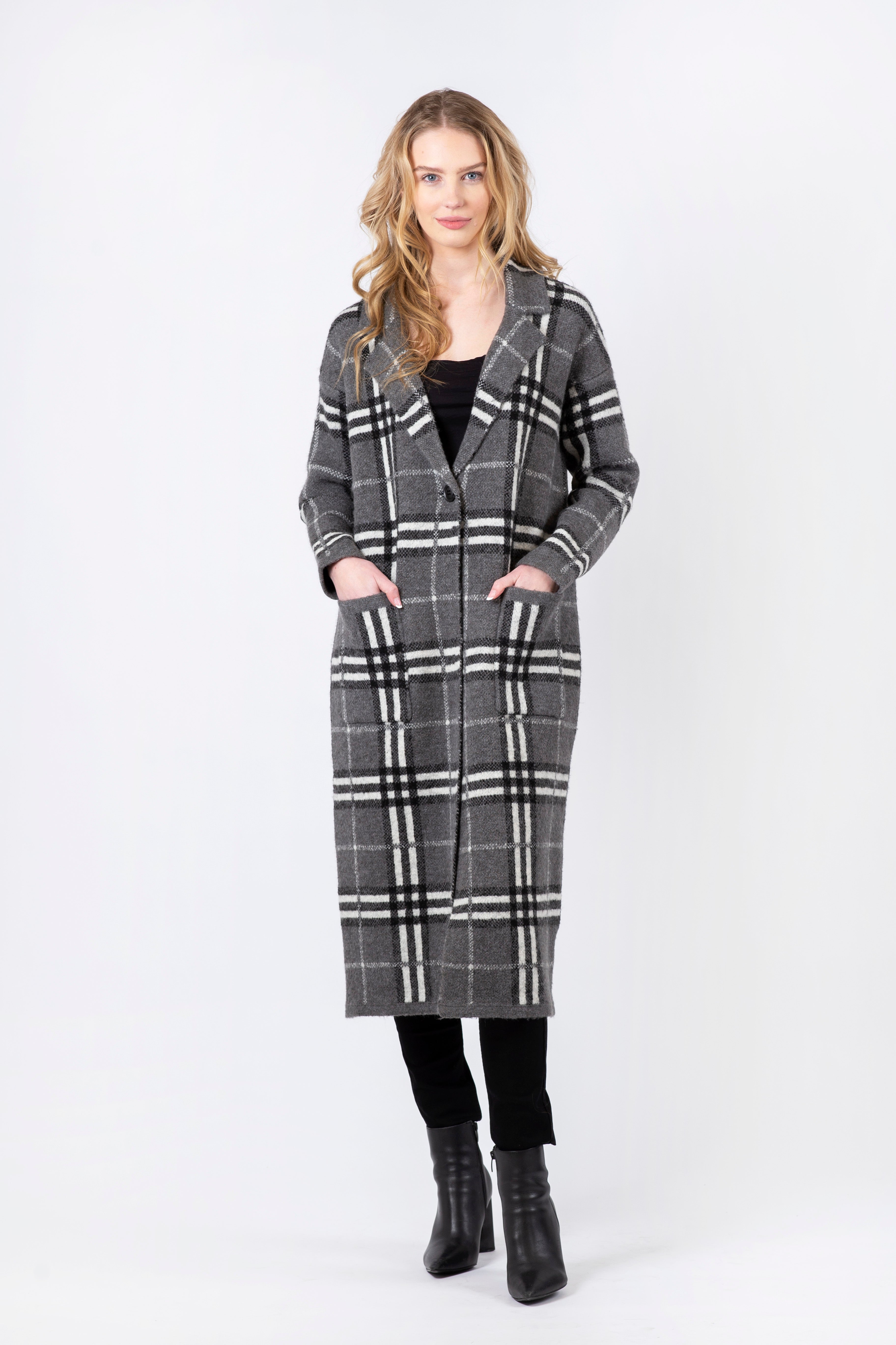 Jimmi Long Grey Plaid Coat with Pockets